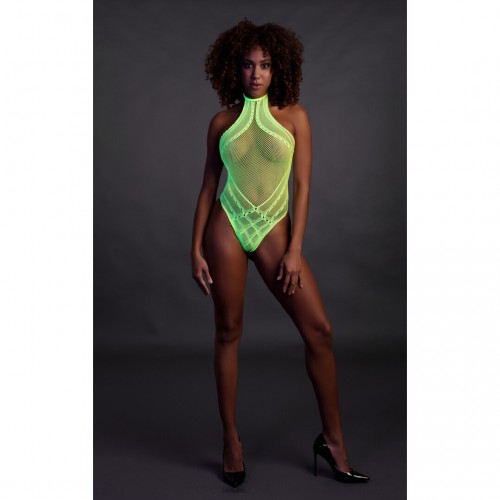 Body With Halter Neck Neongrön onesize – sexig highcut body som lyser under UV-ljus och blacklight för rave och festival