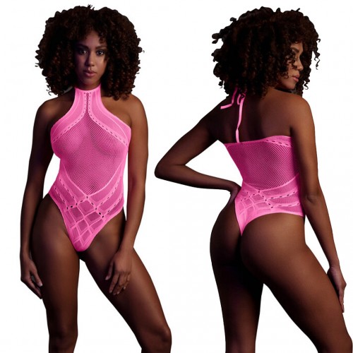 Body With Halter Neck Neonrosa onesize – sexig highcut body som lyser under UV-ljus och blacklight för rave och festival