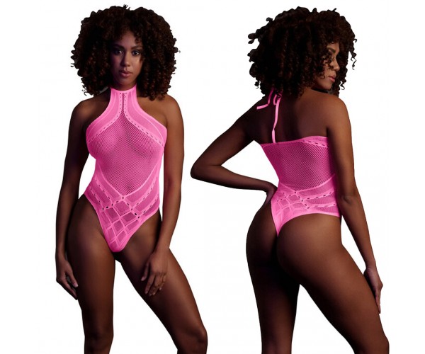 Body With Halter Neck Neonrosa onesize – sexig highcut body som lyser under UV-ljus och blacklight för rave och festival