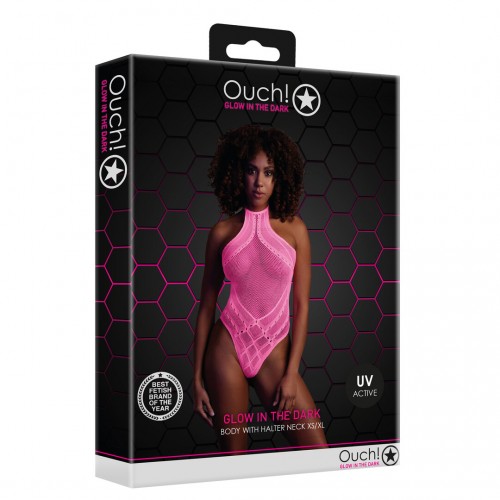 Body With Halter Neck Neonrosa onesize – sexig highcut body som lyser under UV-ljus och blacklight för rave och festival