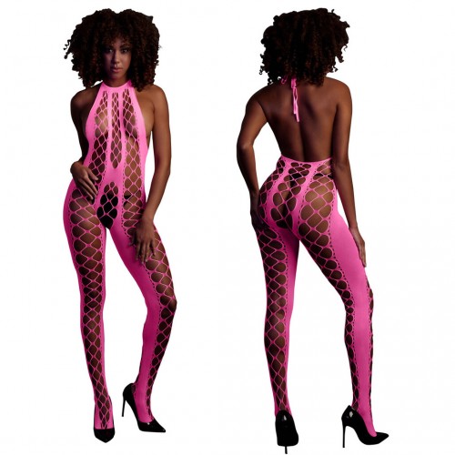 Ouch Bodystocking with Halterneck neon rosa onesize – sexig nätbodystocking som lyser under UV-ljus och blacklight
