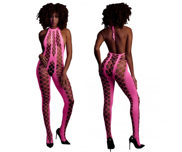 Ouch Bodystocking with Halterneck neon rosa onesize – sexig nätbodystocking som lyser under UV-ljus och blacklight