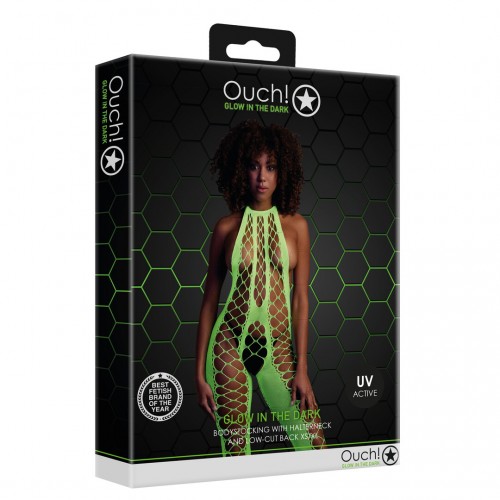 Ouch Bodystocking with Halterneck neongrön onesize – sexig nätbodystocking som lyser under UV-ljus och blacklight