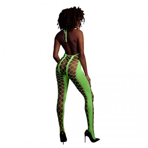 Ouch Bodystocking with Halterneck neongrön onesize – sexig nätbodystocking som lyser under UV-ljus och blacklight