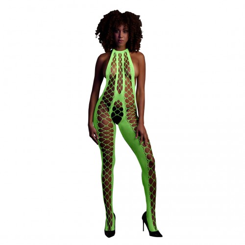 Ouch Bodystocking with Halterneck neongrön onesize – sexig nätbodystocking som lyser under UV-ljus och blacklight