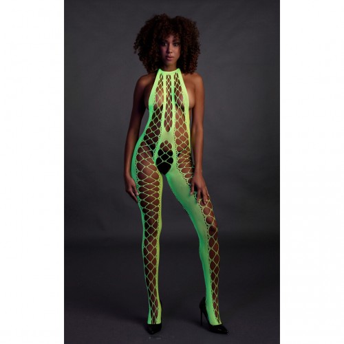 Ouch Bodystocking with Halterneck neongrön onesize – sexig nätbodystocking som lyser under UV-ljus och blacklight