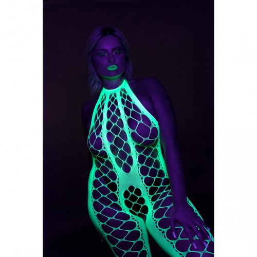 Ouch Bodystocking with Halterneck neongrön onesize – sexig nätbodystocking som lyser under UV-ljus och blacklight