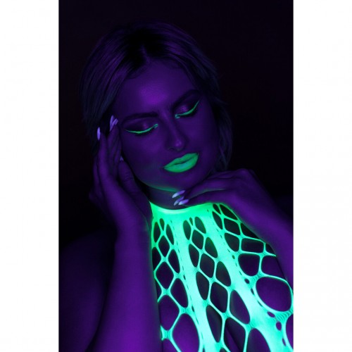 Ouch Bodystocking with Halterneck neongrön onesize – sexig nätbodystocking som lyser under UV-ljus och blacklight