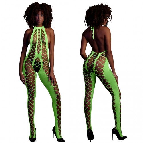 Köp Ouch Bodystocking Halterneck Neongrön – lyser under UV och blacklight, perfekt för rave och festival Ouch Bodystocking with Halterneck neongrön onesize – sexig nätbodystocking som lyser under UV-ljus och blacklight