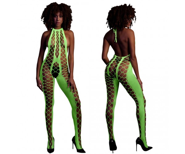 Ouch Bodystocking with Halterneck neongrön onesize – sexig nätbodystocking som lyser under UV-ljus och blacklight