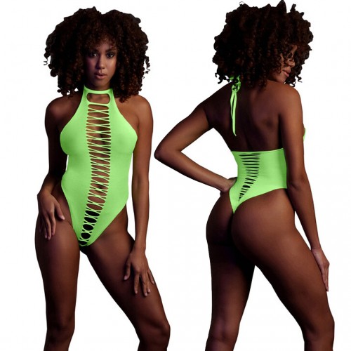 Ouch High-Cut Body neongrön onesize – sexig highcut body som lyser under UV-ljus och blacklight för rave och festival