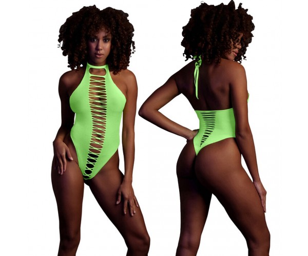 Ouch High-Cut Body neongrön onesize – sexig highcut body som lyser under UV-ljus och blacklight för rave och festival