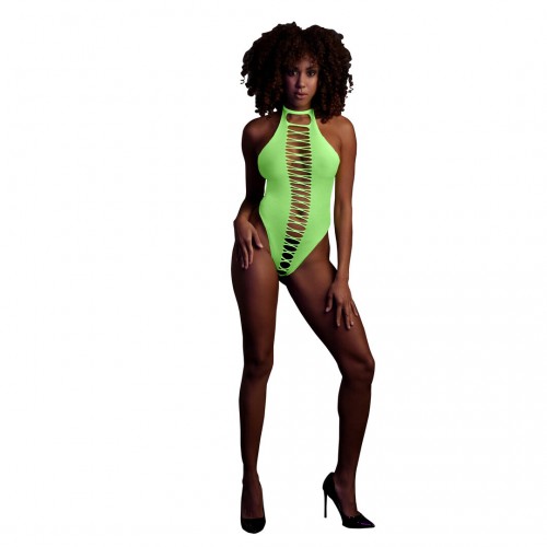 Ouch High-Cut Body neongrön onesize – sexig highcut body som lyser under UV-ljus och blacklight för rave och festival