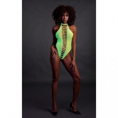 Ouch High-Cut Body neongrön onesize – sexig highcut body som lyser under UV-ljus och blacklight för rave och festival