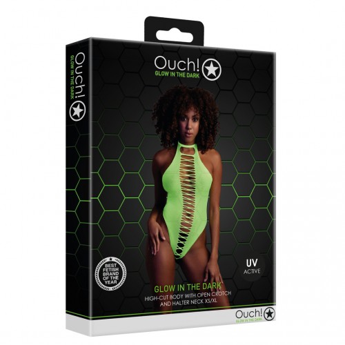 Ouch High-Cut Body neongrön onesize – sexig highcut body som lyser under UV-ljus och blacklight för rave och festival