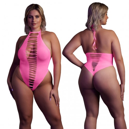 Ouch High-Cut Body neonrosa plus size – sexig highcut body som lyser under UV-ljus och blacklight för rave och festival