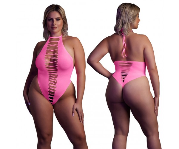 Ouch High-Cut Body neonrosa plus size – sexig highcut body som lyser under UV-ljus och blacklight för rave och festival