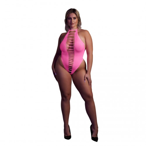 Ouch High-Cut Body neonrosa plus size – sexig highcut body som lyser under UV-ljus och blacklight för rave och festival