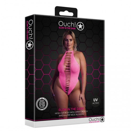 Ouch High-Cut Body neonrosa plus size – sexig highcut body som lyser under UV-ljus och blacklight för rave och festival