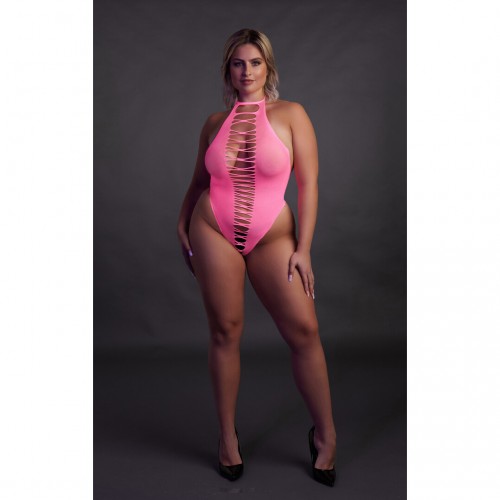 Ouch High-Cut Body neonrosa plus size – sexig highcut body som lyser under UV-ljus och blacklight för rave och festival