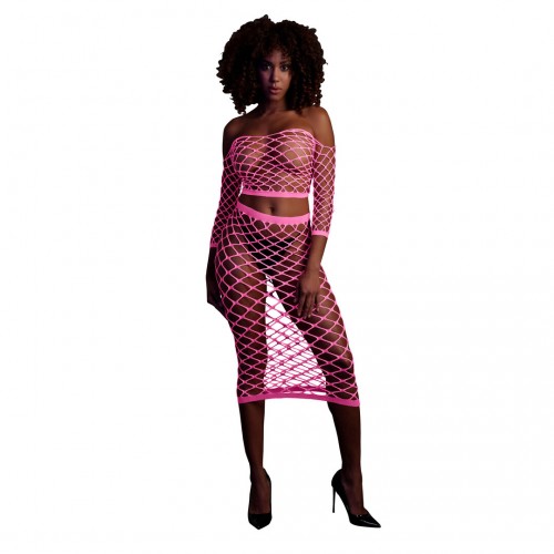 Ouch Long Sleeve Crop Top & Long Skirt Neonrosa onesize – sexig nätbodystocking som lyser under UV-ljus och blacklight