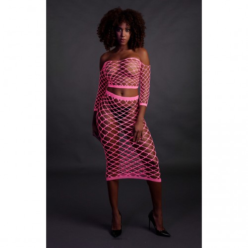Ouch Long Sleeve Crop Top & Long Skirt Neonrosa onesize – sexig nätbodystocking som lyser under UV-ljus och blacklight
