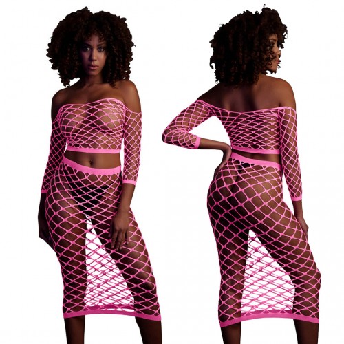 Ouch Long Sleeve Crop Top & Long Skirt Neonrosa onesize – sexig nätbodystocking som lyser under UV-ljus och blacklight