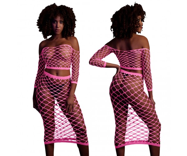 Ouch Long Sleeve Crop Top & Long Skirt Neonrosa onesize – sexig nätbodystocking som lyser under UV-ljus och blacklight