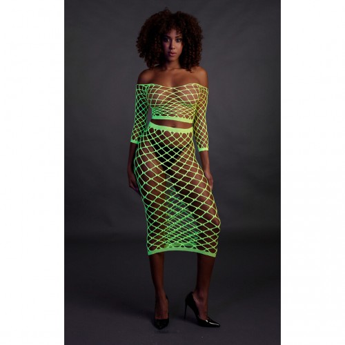 Ouch Long Sleeve Crop Top & Long Skirt neongrön onesize – sexig nätbodystocking som lyser under UV-ljus och blacklight