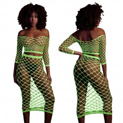 Long Sleeve Crop Top & Long Skirt - One Size - Neon Green