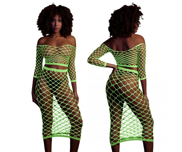 Ouch Long Sleeve Crop Top & Long Skirt neongrön onesize – sexig nätbodystocking som lyser under UV-ljus och blacklight