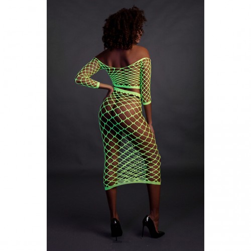 Ouch Long Sleeve Crop Top & Long Skirt neongrön onesize – sexig nätbodystocking som lyser under UV-ljus och blacklight