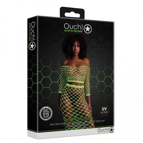 Ouch Long Sleeve Crop Top & Long Skirt neongrön onesize – sexig nätbodystocking som lyser under UV-ljus och blacklight