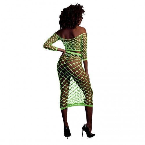 Ouch Long Sleeve Crop Top & Long Skirt neongrön onesize – sexig nätbodystocking som lyser under UV-ljus och blacklight
