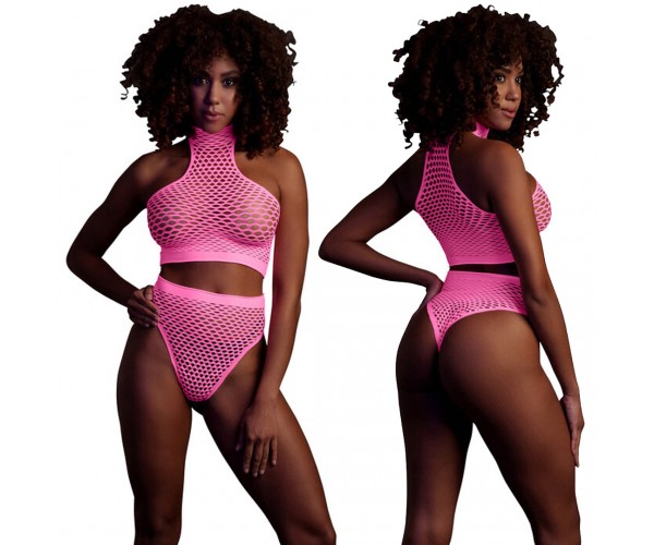 Ouch Turtle Neck & High Waist Slip Neonrosaonesize – sexig nätbodystocking som lyser under UV-ljus och blacklight