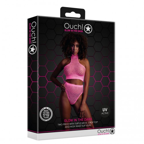 Ouch Turtle Neck & High Waist Slip Neonrosaonesize – sexig nätbodystocking som lyser under UV-ljus och blacklight