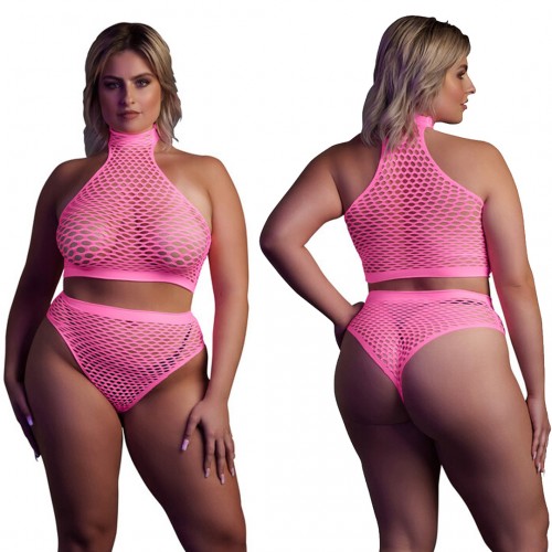 Ouch Turtle Neck & High Waist Slip Neonrosaonesize – sexig nätbodystocking som lyser under UV-ljus och blacklight
