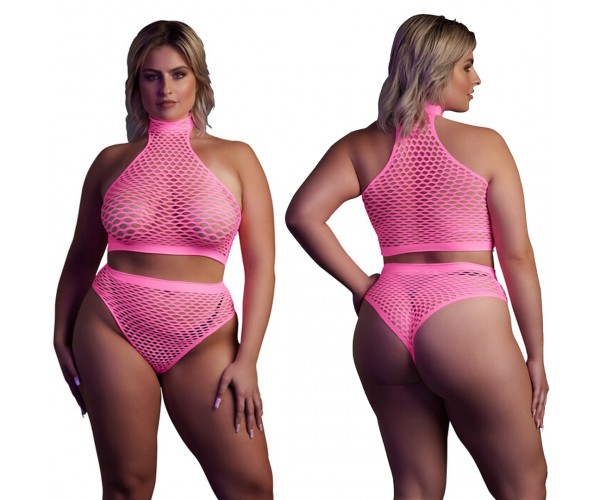 Ouch Turtle Neck & High Waist Slip Neonrosaonesize – sexig nätbodystocking som lyser under UV-ljus och blacklight