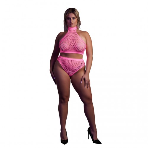 Ouch Turtle Neck & High Waist Slip Neonrosaonesize – sexig nätbodystocking som lyser under UV-ljus och blacklight