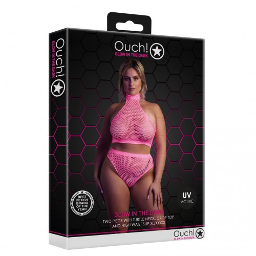 Ouch Turtle Neck & High Waist Slip Neonrosaonesize – sexig nätbodystocking som lyser under UV-ljus och blacklight