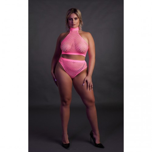 Ouch Turtle Neck & High Waist Slip Neonrosaonesize – sexig nätbodystocking som lyser under UV-ljus och blacklight