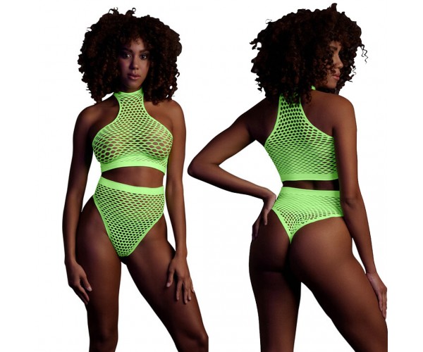 Ouch Turtle Neck & High Waist Slip neongrön onesize – sexig nätbodystocking som lyser under UV-ljus och blacklight