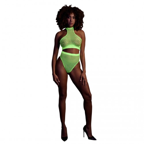 Ouch Turtle Neck & High Waist Slip neongrön onesize – sexig nätbodystocking som lyser under UV-ljus och blacklight