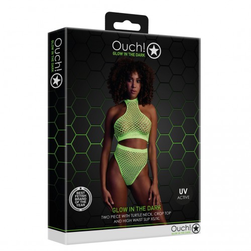 Ouch Turtle Neck & High Waist Slip neongrön onesize – sexig nätbodystocking som lyser under UV-ljus och blacklight