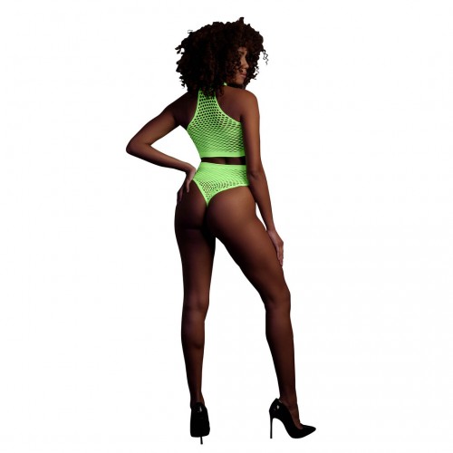 Ouch Turtle Neck & High Waist Slip neongrön onesize – sexig nätbodystocking som lyser under UV-ljus och blacklight