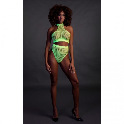 Ouch Turtle Neck & High Waist Slip neongrön onesize – sexig nätbodystocking som lyser under UV-ljus och blacklight