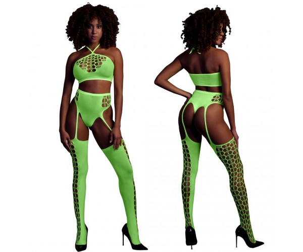 Ouch Two Piece With Crop Top & Stockings neongrön onesize – sexig nätbodystocking som lyser under UV-ljus och blacklight