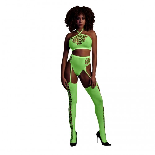 Ouch Two Piece With Crop Top & Stockings neongrön onesize – sexig nätbodystocking som lyser under UV-ljus och blacklight