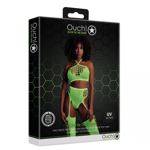 Ouch Two Piece With Crop Top & Stockings neongrön onesize – sexig nätbodystocking som lyser under UV-ljus och blacklight