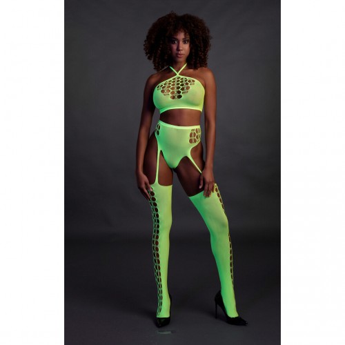Ouch Two Piece With Crop Top & Stockings neongrön onesize – sexig nätbodystocking som lyser under UV-ljus och blacklight